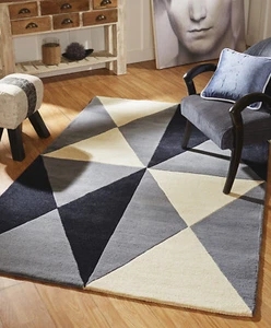 Geometric Modern Contemporary Dark Grey Wool Thick Pile Handmade Rugs -25% RRP - Picture 1 of 3