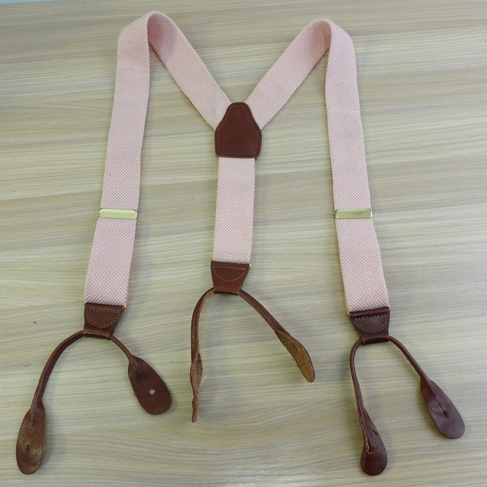 Boys Suspenders Light Pink Adjustable Gold Button Leather Y Back Knit Wool - Image 1 of 4
