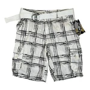 Vintage NSS Plaid Cargo Shorts Size 36 White Black Y2K Skater Grunge Belted - Picture 1 of 9