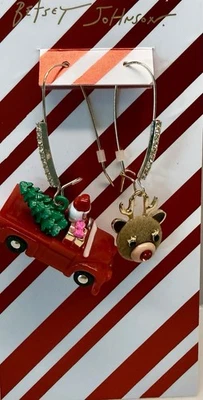 BETSEY JOHNSON Santa Truck & Reindeer Mismatch Drop Crystal Enamel Earrings NWT - Image 1 of 2