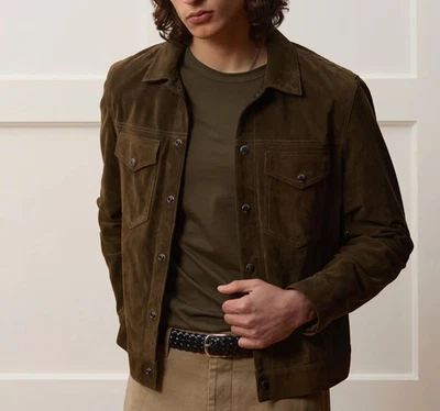 Men's Olive Green Suede Trucker Jacket Pure Suede Leather Shirt Custom Size S-XL - Image 1 of 4