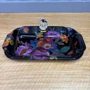 MacKenzie Childs Flower Market Black Enamel Butter Box Dish w/ Glass Knob NWOT - Picture 1 of 8