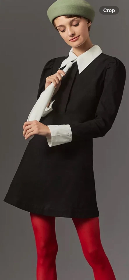 全新带标签 Anthropologie 尺寸 XS 领带迷你衬衫连衣裙黑白 — 第 1/4 张图片