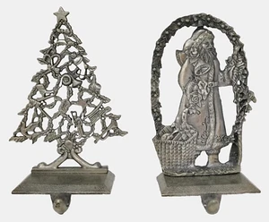 VTG Pewter Christmas Tree & Santa Stocking Holder Hanger Hook Set Mantel Decor - Picture 1 of 9