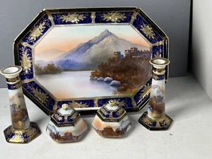 STUNNING VINTAGE NORITAKE CASTLES PINTED PORCELAIN 5 Pc. DRESSING TABLE SET - Picture 1 of 9