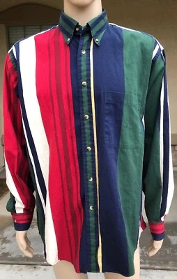Vintage Nautica Retro Striped Button Down Polo Work Shirt Boat Crest Size Large - Image 1 of 4