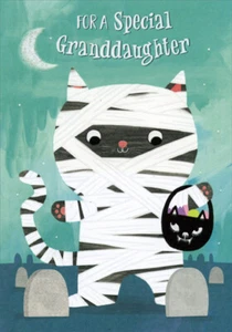 Cute Kitten Mummy with Candy Bucket Juvenile Halloween Card for Granddaughter - Picture 1 of 2