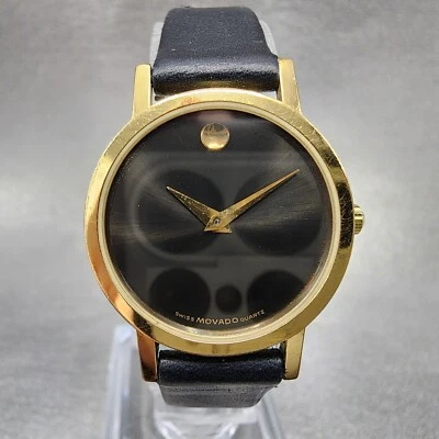Movado Museum Watch Women 25mm Black Dial Gold Tone Round 87-25-832 New Batt B12 - Image 1 of 4