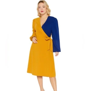 Kasper Women's Textured Sheath Dress Colorblock Gold Blue Faux Wrap Size 3X NWT - Picture 1 of 9
