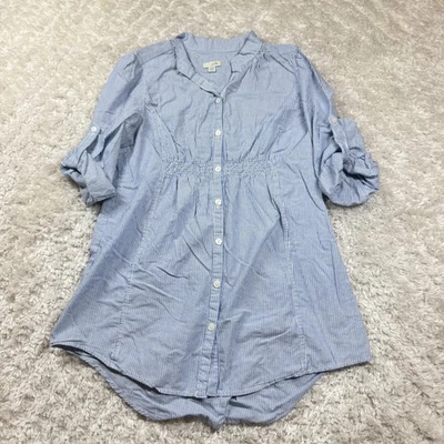 Odille Blue Striped Tunic Top 0 Roll Tab Sleeve Button Anthropologie Preppy Y2K - Image 1 of 4
