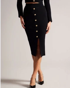 Falda midi TED BAKER TB 2 UK 10 Betylou falda de motociclista de punto acanalado detalle de botones - Imagen 1 de 23