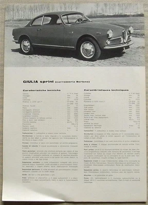 Folleto de especificaciones de venta de autos ALFA ROMEO GIULIA SPRINT 1962-64 Foto 1 de 2