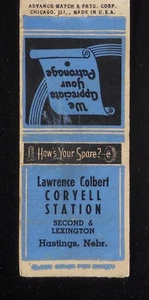 1940s ADVANCE MATCH Coryell Gas Station Lawrence Colbert 2nd & Lex. Hastings NE - Picture 1 of 2