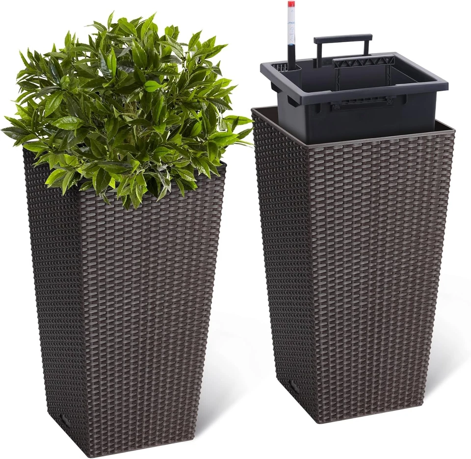 Large Rattan Style Self-Watering Planter with Wheels & Gauge, 22.4-inch, Brown - Image 1 of 4