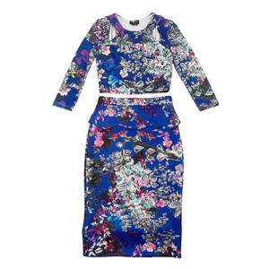 bebe Two Piece Floral Peplum Skirt Cutout Top Scuba Knit Set Womens Size Small - Picture 1 of 11