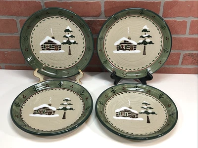 LODGE by Sonoma Home Set 4 Art Pottery Stoneware Dinner Plates Cabin Tree - Image 1 of 4