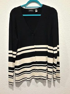 Dana Buchman Damenpullover Gr. L gestreift schwarz cremefarben Knopfleiste V-Ausschnitt - Bild 1 von 8