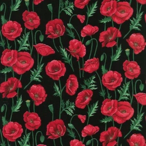 Nutex POPPIES on STEMS - Black - 100% COTTON FABRIC CRAFT/QUILTING (per1/4m) - Picture 1 of 1