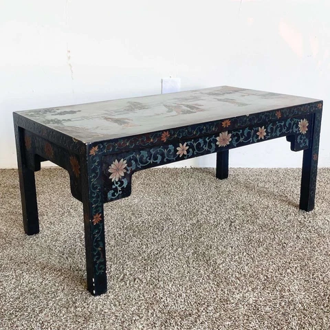 Chinese Hand Carved and Painted Black Lacquered Rectangular Coffee Table Cover