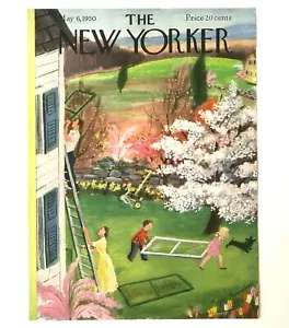Cubierta de revista New Yorker 1950 familiar limpieza de primavera ventanas vintage - Imagen 1 de 1