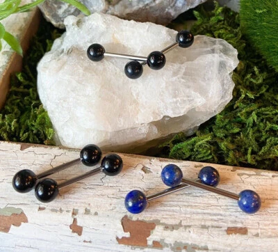 PAR de anillos de piedra natural para pezón o lengua barras de 14 g - solo en ágata negra Foto 1 de 3