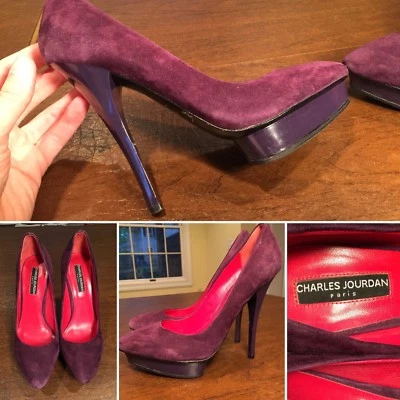 CHARLES JOURDAN Tacones de aguja altos de gamuza púrpura con plataforma talla 7,5 de EE. UU. Foto 1 de 4