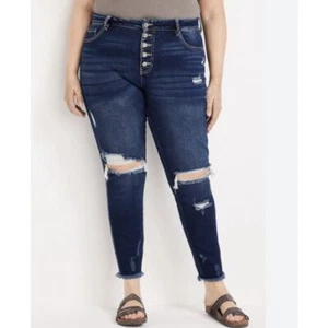 Pantalones de mezclilla KanCan para mujer 20 ajustados deshilachados dobladillo crudo tiro alto curvilíneo trituraciones botón mosca - Imagen 1 de 11
