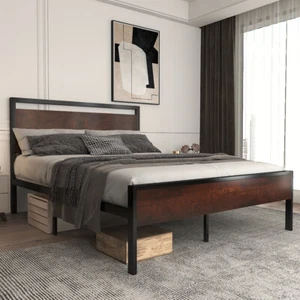 Sifurni Queen Size Platform Bed Frame with Wood Headboard &Footboard, Mahogany - Picture 1 of 11