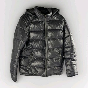 GUESS Men's L Black Shiny Puffer Jacket Hooded Quilted WinterCoat WaterResistant - Picture 1 of 6