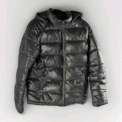 GUESS Men's L Black Shiny Puffer Jacket Hooded Quilted WinterCoat WaterResistant - Image 1 of 4