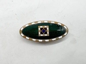 VINTAGE ART DECO STYLE GREEN ENAMEL OVAL BROOCH WITH WHITE BORDER - Bild 1 von 4