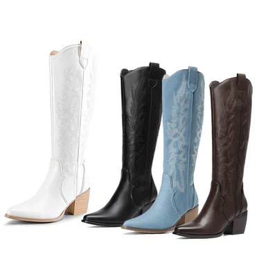 Botas vaqueras occidentales de tacón grueso bajo punta hasta la rodilla para mujer Foto 1 de 4