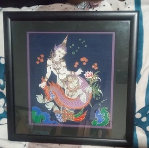 Hanuman W/ Sovanna  Maccah Thai Print On Silk Professionally Framed 16.5"X16.5" - Picture 1 of 3