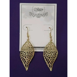Yellow Gold Plated Filigree Textured Leaf Shaped Dangle Earrings Pierced New - Picture 1 of 6