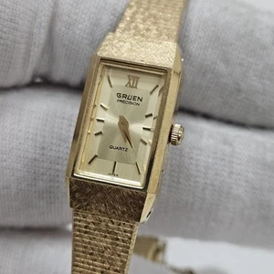 Gruen Precision Dress Tank Watch Gold Tone Case New Battery Japan Vintage - Picture 1 of 11