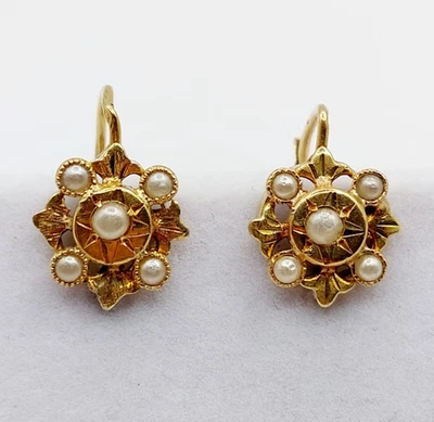 Dormeuses antique or 18k fleur et perles sertis étoilés (circa 1900) - Immagine 1 di 4