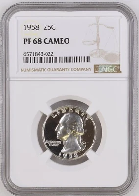 1958 Washington Quarter NGC PF68 Cameo White PR68 Cameo Frosty - Image 1 of 2