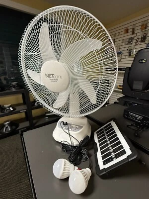 Rechargeable 14" Fan With solar panel, USB port,LED light and 2 Free bulbs - Image 1 of 4