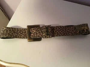 M/L Leopard Leather Belt with Brass Animal Figures Nan Lewis Wide Brown Vintage - Picture 1 of 4