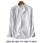 Fashion Men Long Sleeve Retro Striped Shirt Grandad Collar Casual Shirts Top Tee