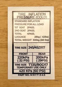 Tire Inflation Pressure Decal (17", 2G) - Picture 1 of 1