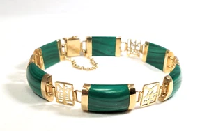 Pulsera Kanji de carácter chino de oro y malaquita de 14 quilates 6,75" de largo x 10 mm de ancho - Imagen 1 de 7