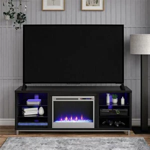 Electric Fireplace TV Stand 70-in Entertainment Center LED Lights Glass Shelves - Picture 1 of 11