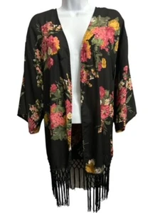 Say What Medium Kimono Robe Swim Cover-Up Beach Black Pink Floral Sheer Fringe - Picture 1 of 4