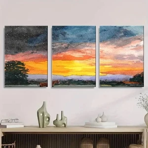 3pcs Abstract Watercolor Sunset Wall Art Canvas Framed 50x70cm - Picture 1 of 2