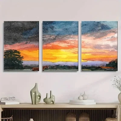 3pcs Abstract Watercolor Sunset Wall Art Canvas Framed 50x70cm - Image 1 of 2