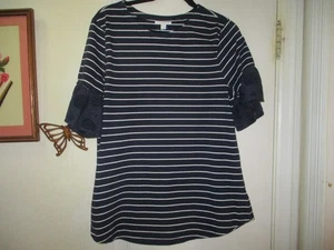 Charter Club - Black w/White Stripes Short Bell Sleeves w/Eye Knit Top - Size XL - Picture 1 of 7