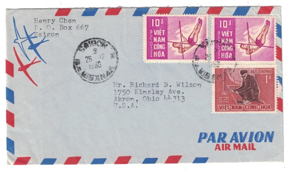 Cubierta de correo aéreo de Vietnam 1966 de Saigón a Akron Ohio Foto 1 de 1