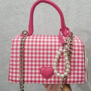 NWT Betsey Johnson LBEVIE Pink Multi Check Gingham Satchel Crossbody Bag Bow - Picture 1 of 10