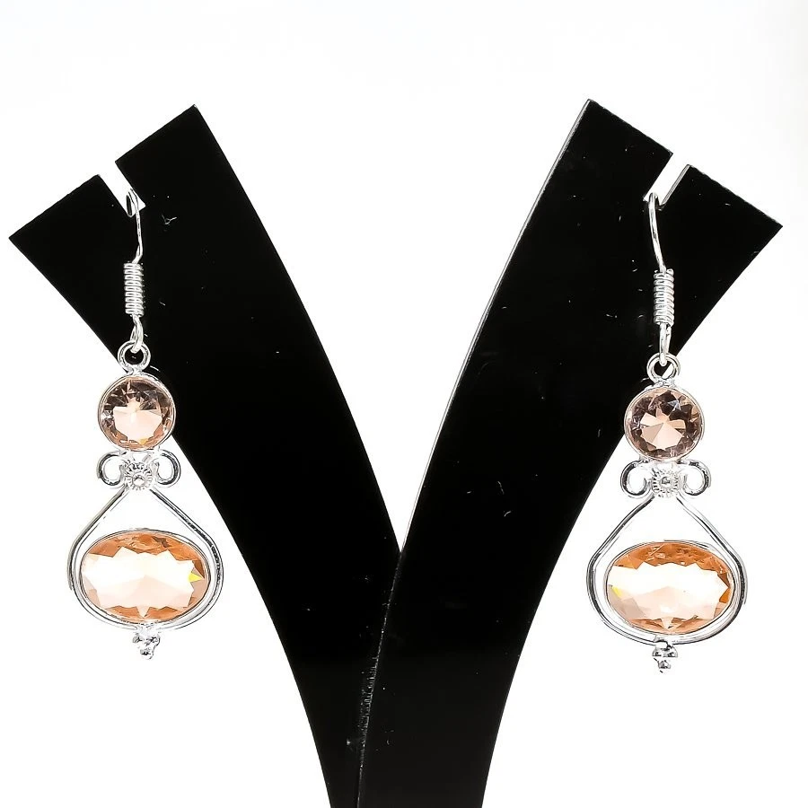 Peach Morganite Gemstone Handmade 925 Sterling Silver Jewelry Earring Size 1.75" - Image 1 of 1